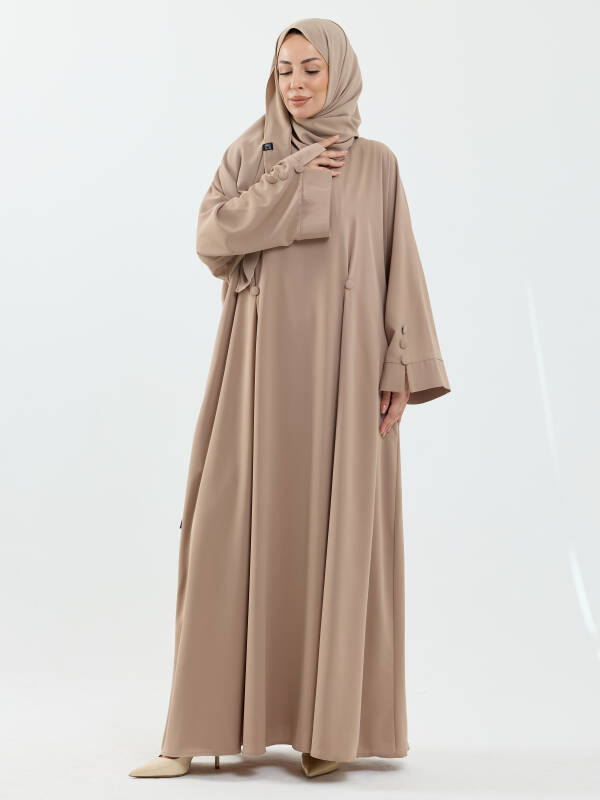 Serra Şal Hediyeli Düğme Detaylı Dubai Abaya Takım Bej - 1015 - 5
